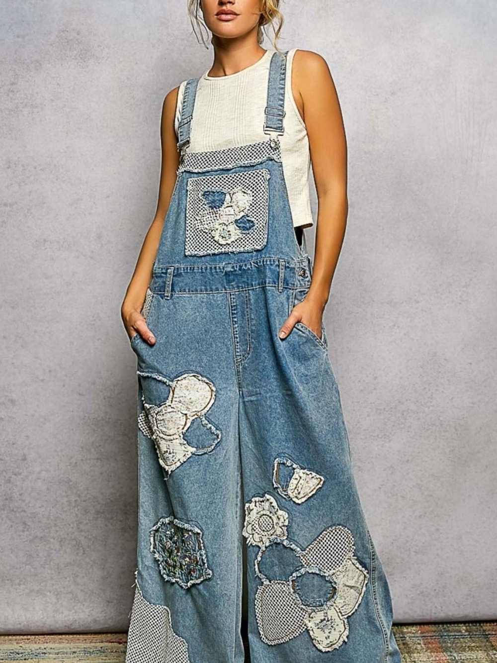 POL. Embroidery Floral Patchwork Buckle Back Woven Denim Overalls. NWT. M & L